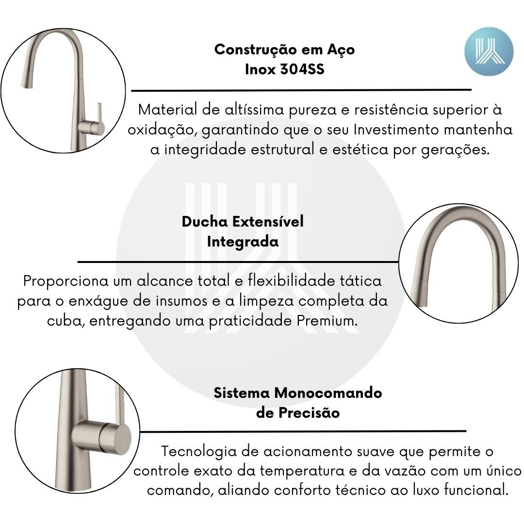 Misturador Monocomando Kromma Gourmet Classic Inox Escovado com